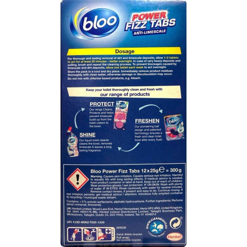 Bloo Power Fizz Tabs, Drain Deep Cleaning Against Deposits and Bad Odours (12 x 25 g)